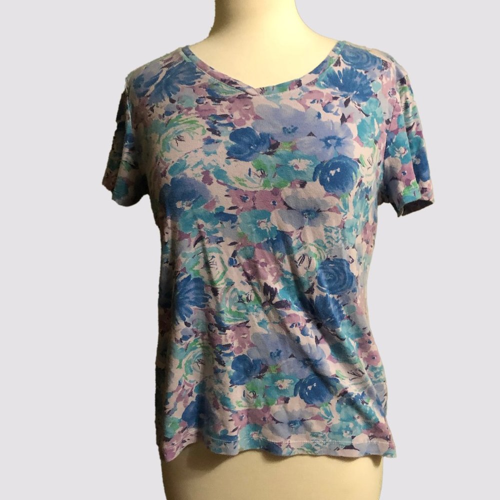 Laura Scott Blue Purple Floral Watercolor Tee Top Medium